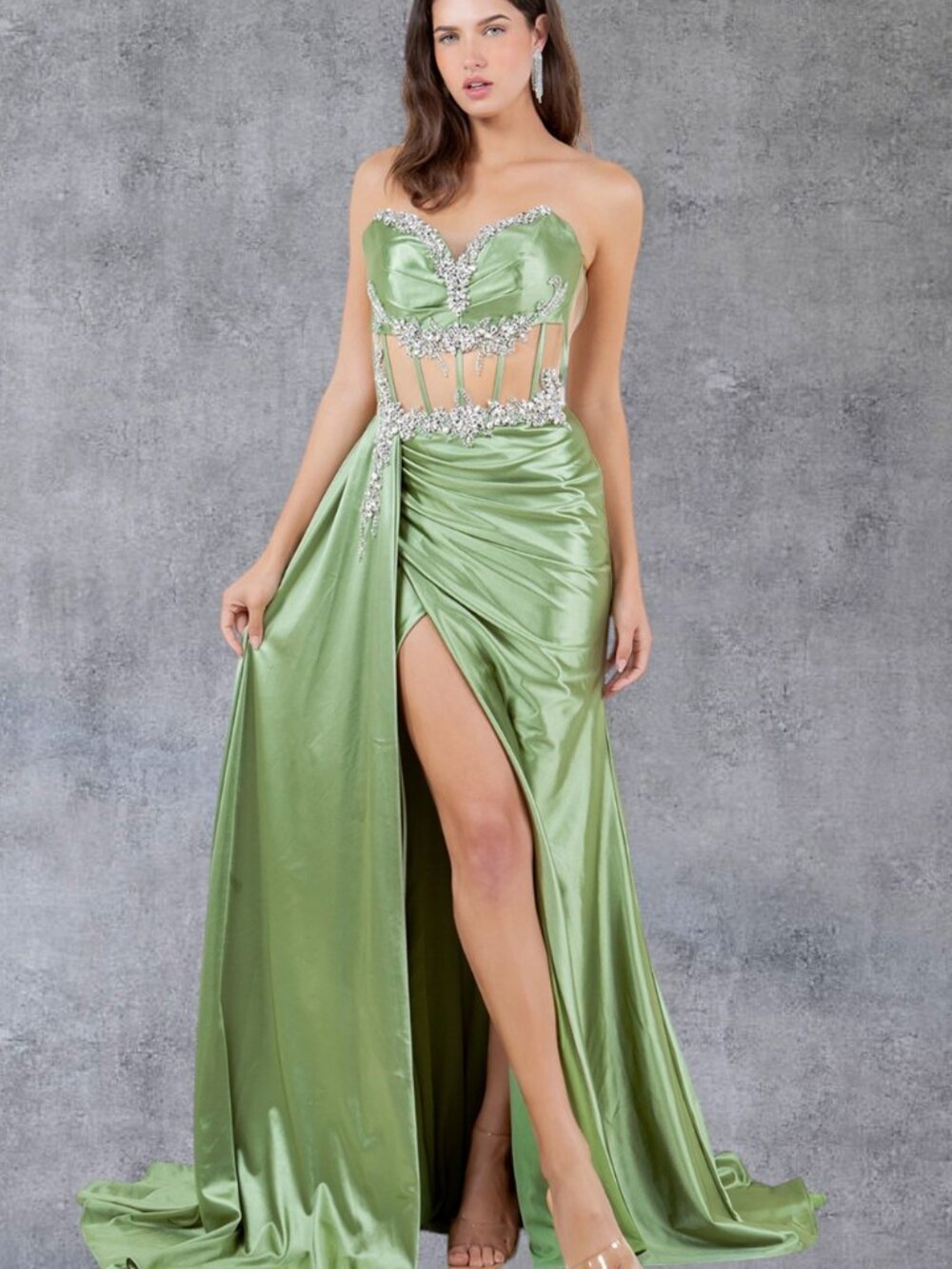 NEW SAGE Satin & Lace Sweetheart Evening Gown Floor Length With Slit 8214J